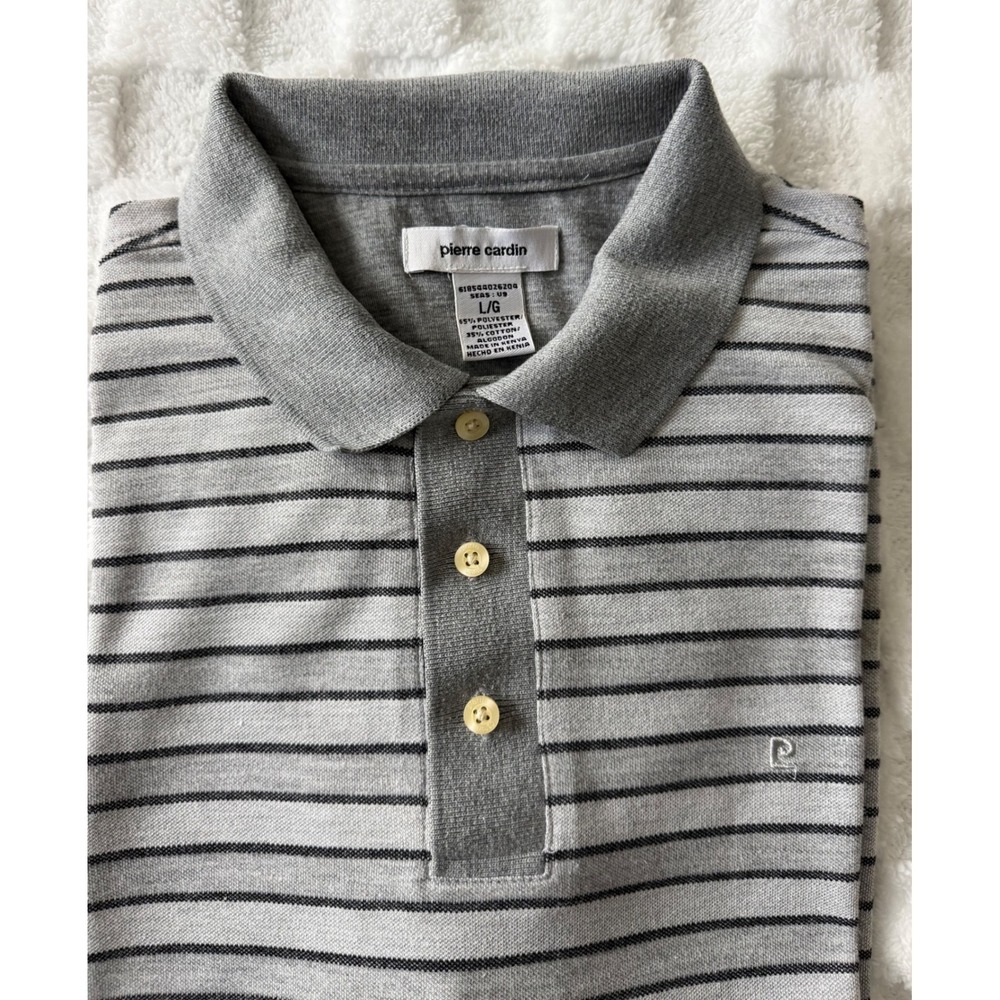 Pierre Cardin Mens Grey Striped Pique Polo Shirt Short Sleeve Large L Logo EUC